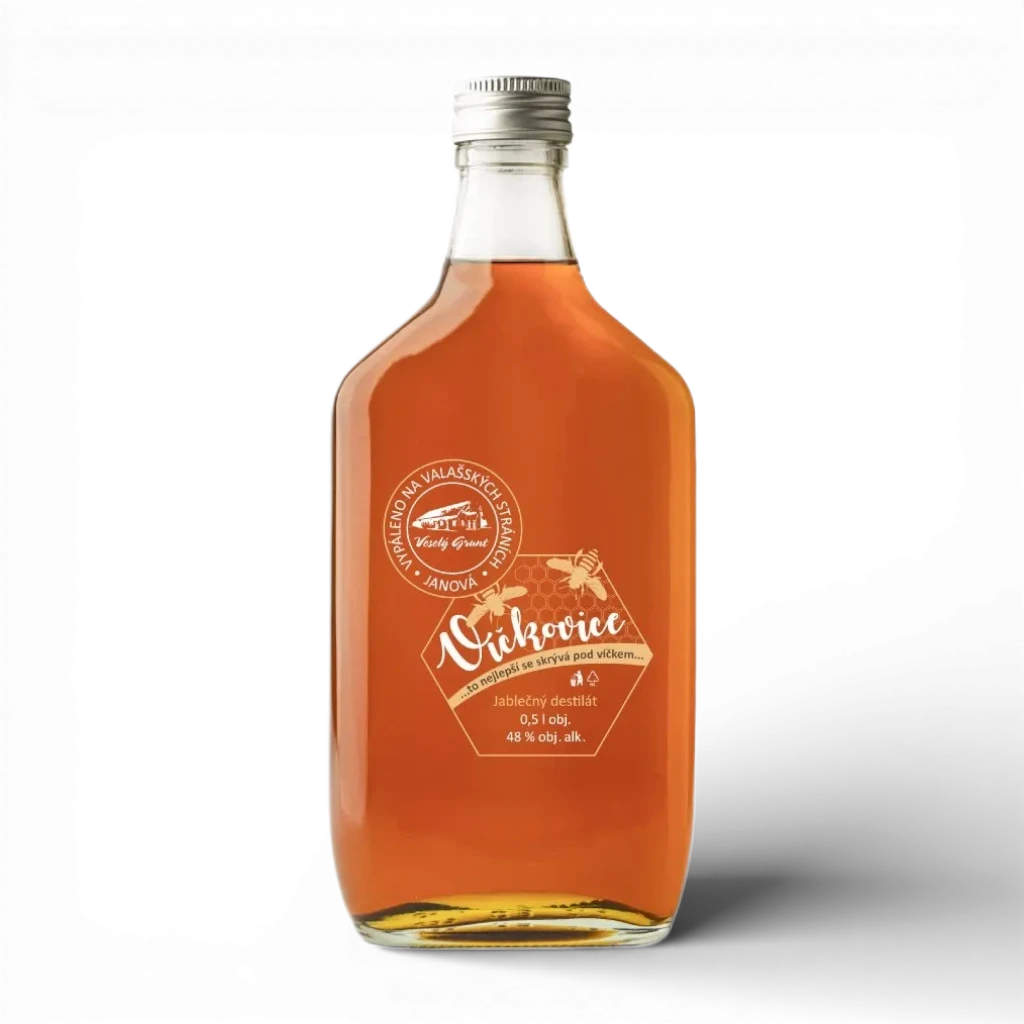 [1843184370349150] Veselý Grunt - Slivovice, víčkovice jablková 48% 0,5l