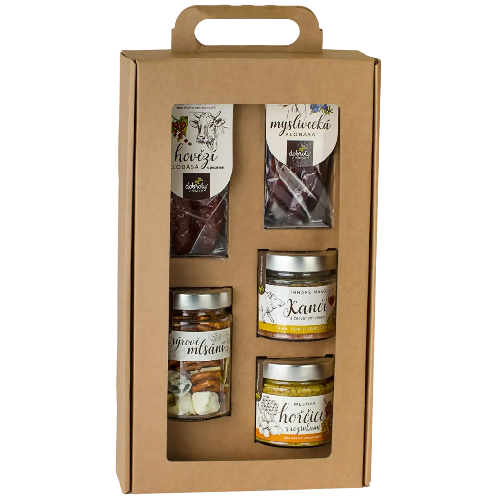 [900516] Dobroty z přírody - DB Sýr. mlsání+Klobása hovězí s pepřem+Klobása myslivecká+Hořčice medová s roz.+Trhané maso kančí s čer. vínem 70g/90g/90g/200g/140g