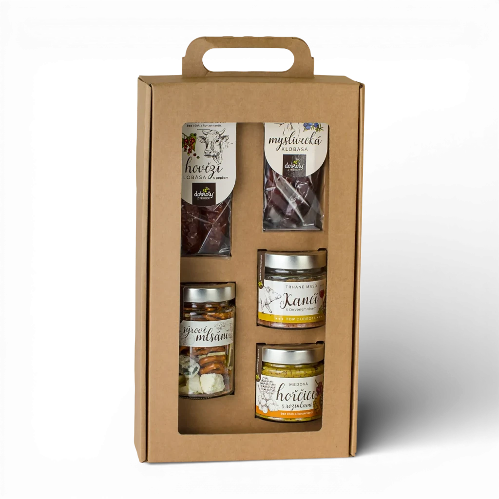 [900516] Dobroty z přírody - DB Sýr. mlsání+Klobása hovězí s pepřem+Klobása myslivecká+Hořčice medová s roz.+Trhané maso kančí s čer. vínem 70g/90g/90g/200g/140g