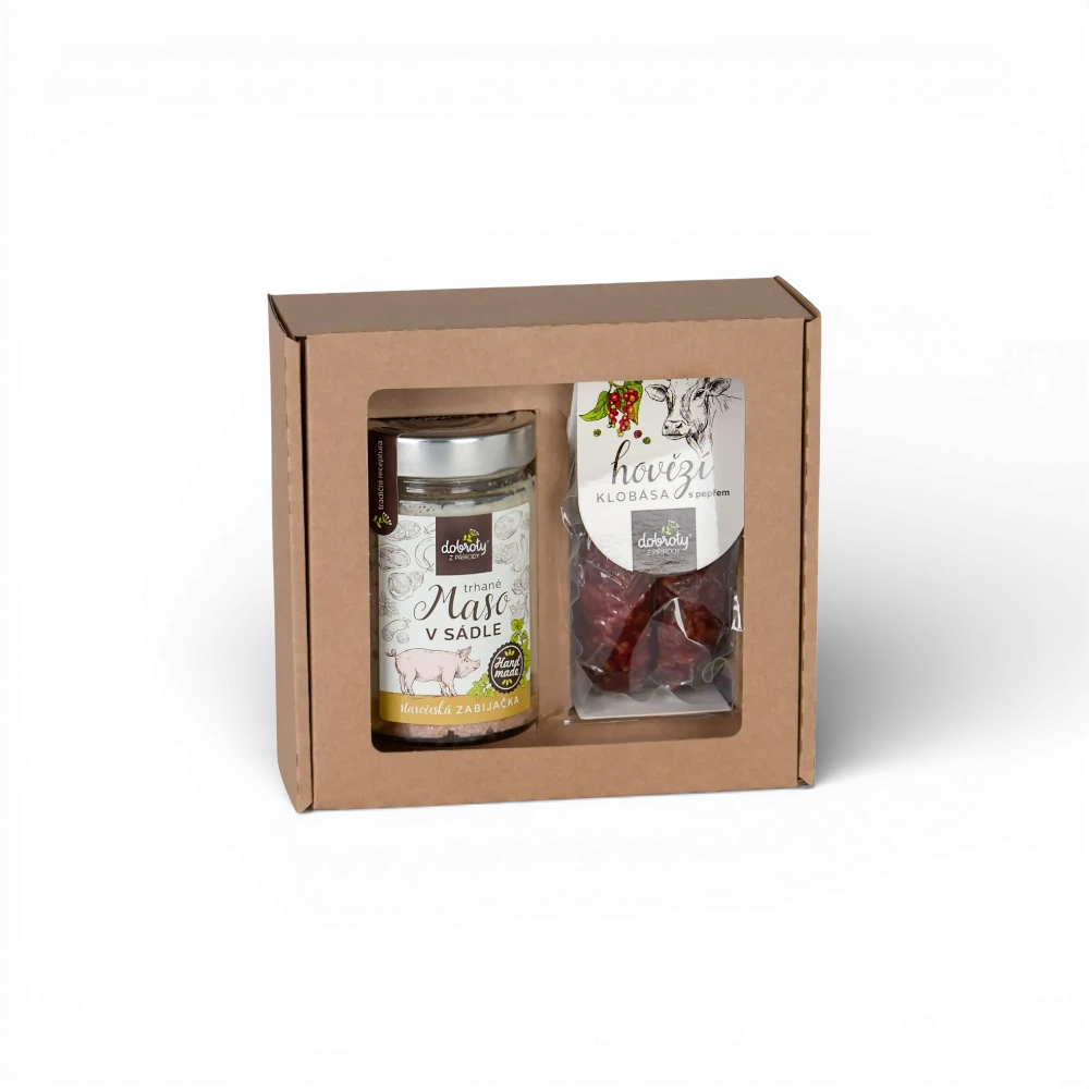 [900229] Dobroty z přírody - DB Trhané maso v sádle + Hovězí klobása s pepřem 250g/2ks