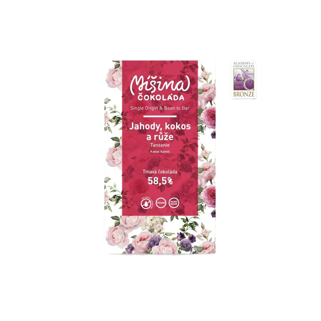 [906] Míšina čokoláda - Tmavá čokoláda 58,5% Tanzanie s jahodami, kokosem a růžemi 50g